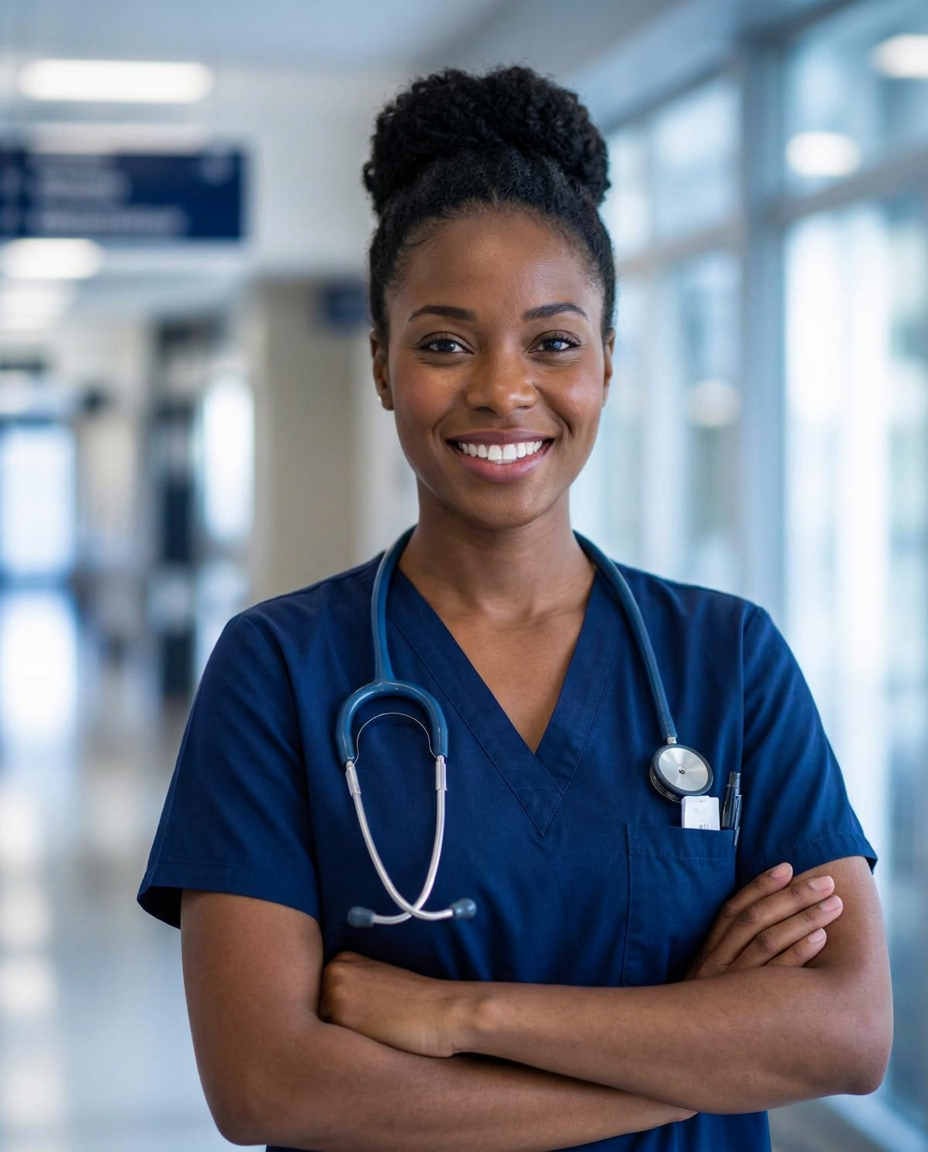 Nurse in navy scrubs smiling in a hospital corridor